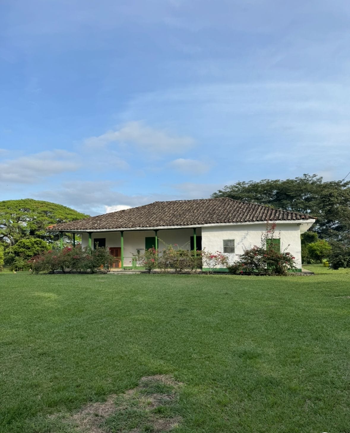 The colonial farmhouse across the lawn, with a forested hill behind